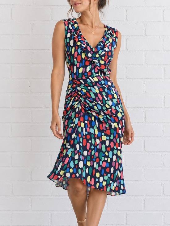 Maggy London Dresses & Skirts - Maggy London Dress 6 Colorful Abstract Print Ruched Ruffle Midi Dopamine Artsy